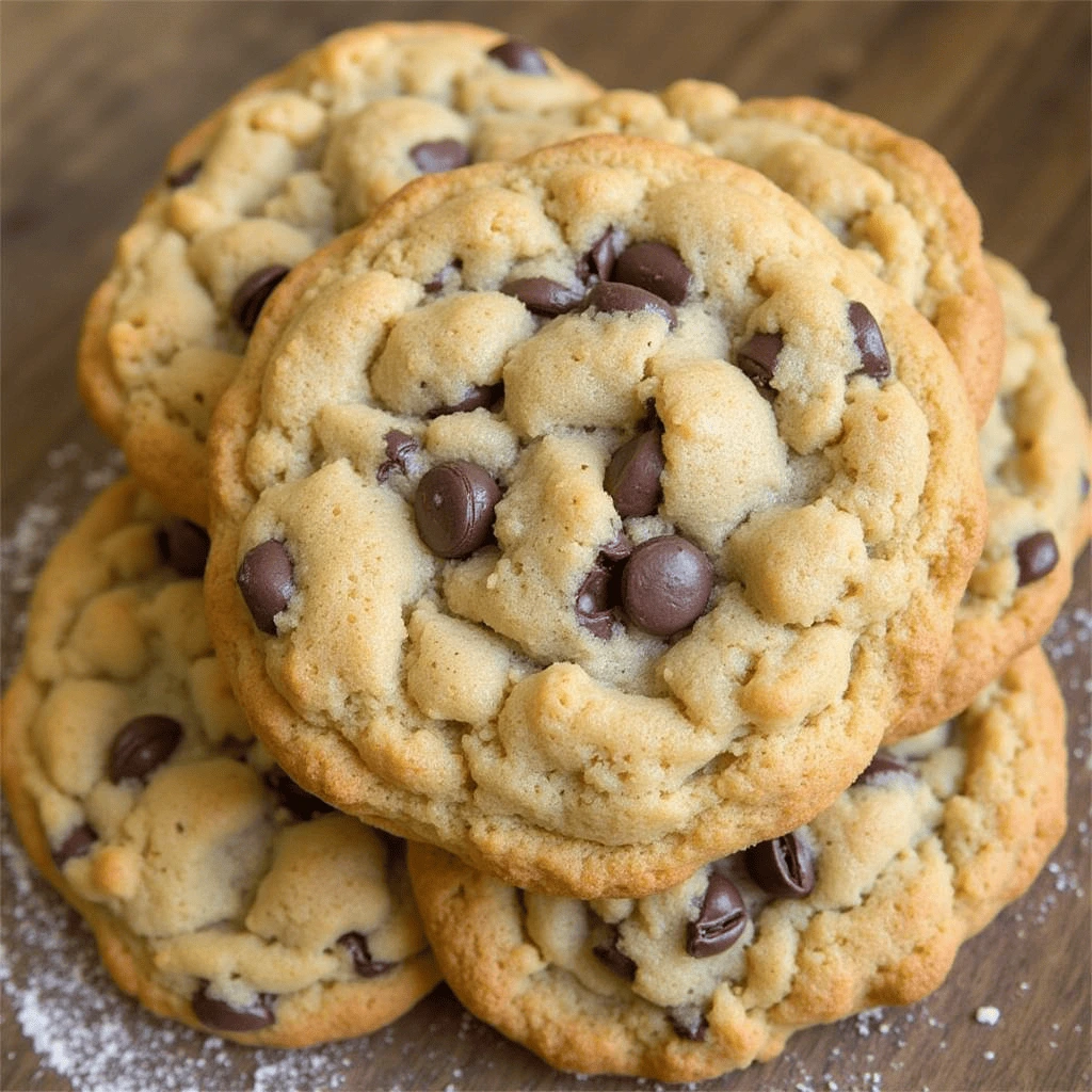Freshly baked Crumbl chocolate chip cookies stacked on a wooden surface