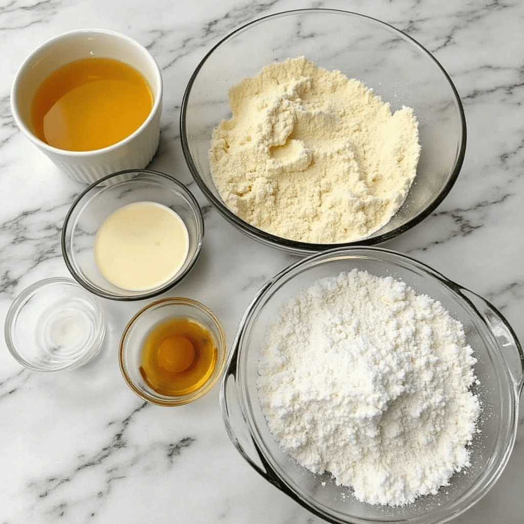 Baking ingredients for Crumbl chocolate chip cookies in glass bowls on a marble countertop.