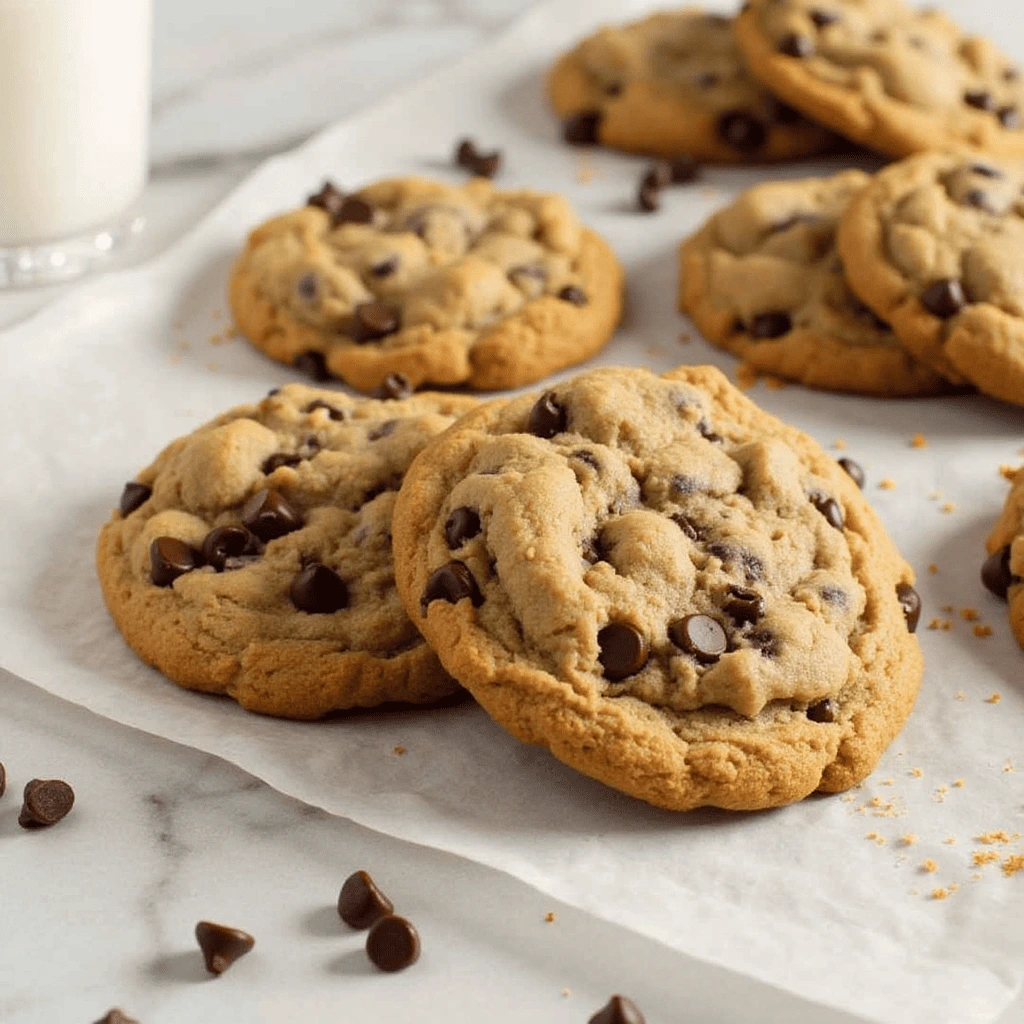 Crumbl chocolate chip cookies on parchment paper next to a glass of milk.