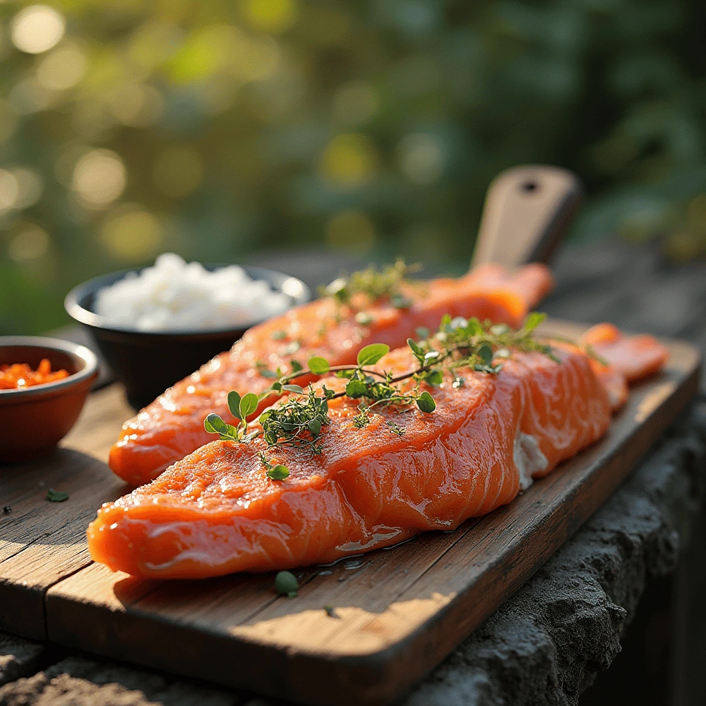 Fresh raw salmon fillets topped with herbs on a rustic cutting board, with bowls of rice and spices nearby.