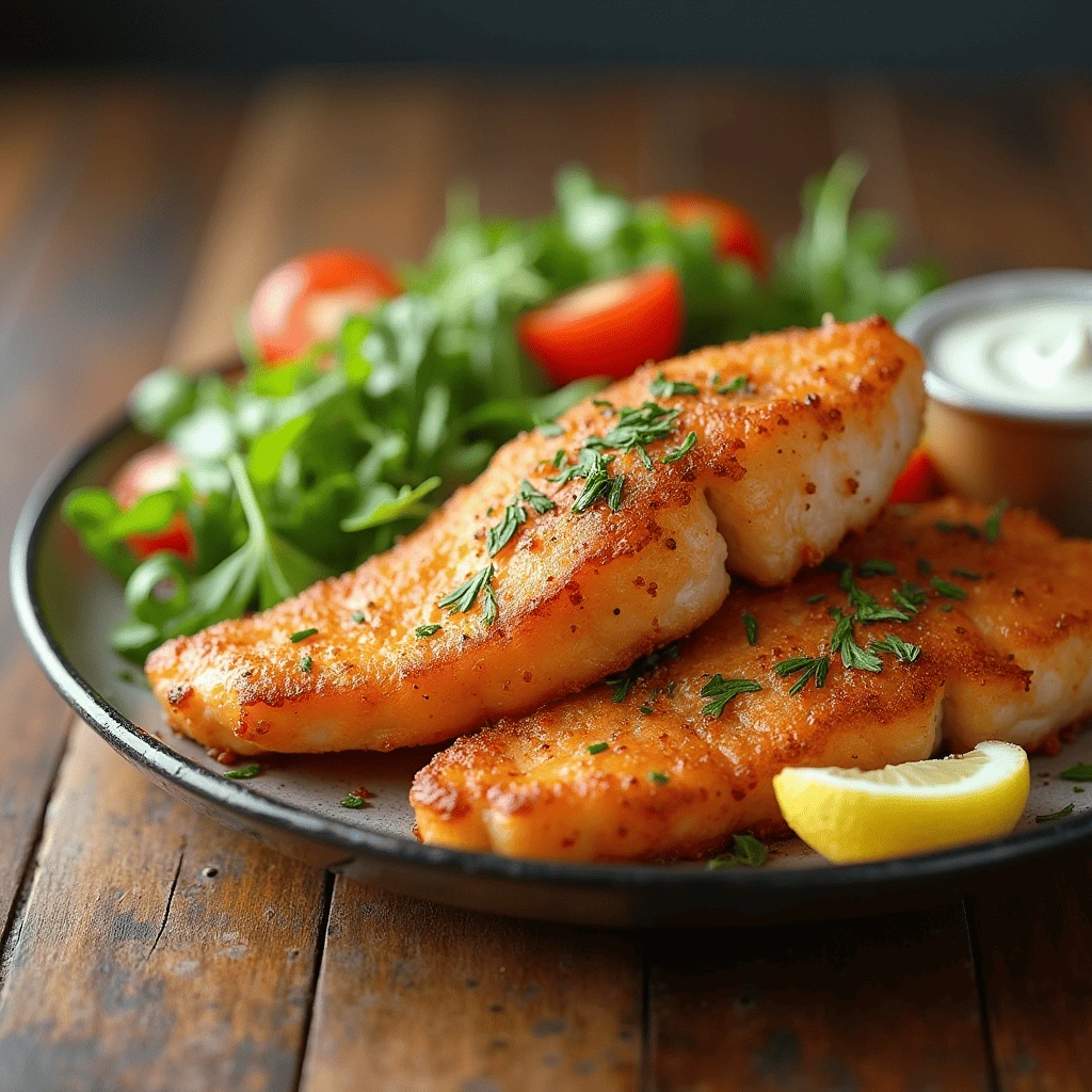 Crispy pan-fried fish fillet garnished with herbs, served with arugula, cherry tomatoes, and a lemon wedge on a dark plate.