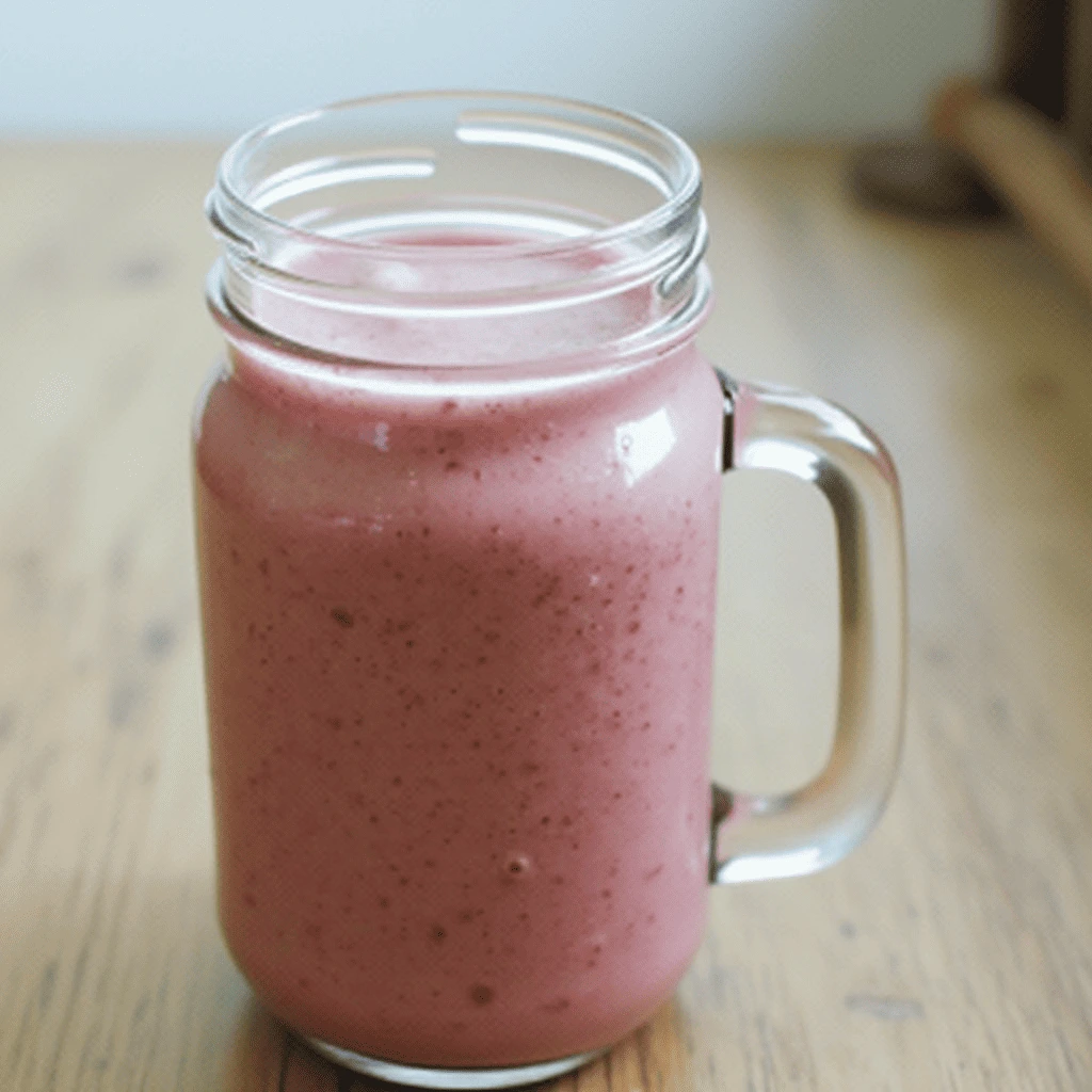 A thick pink smoothie in a mason jar mug on a wooden surface.