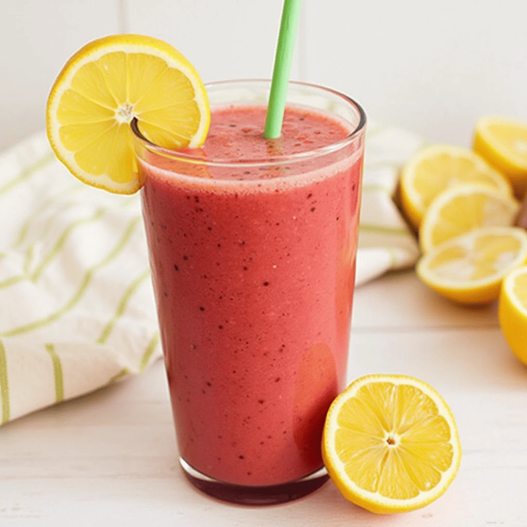 A glass of bright red smoothie with a lemon slice and green straw, surrounded by lemon halves.
