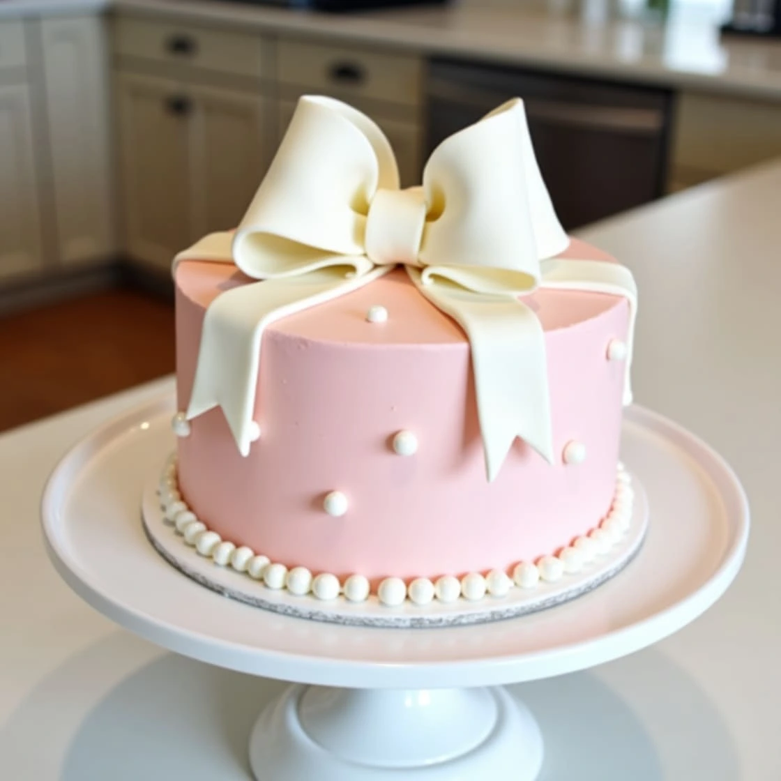 Alt Text: Pink fondant cake with a large white bow and scattered edible pearls.