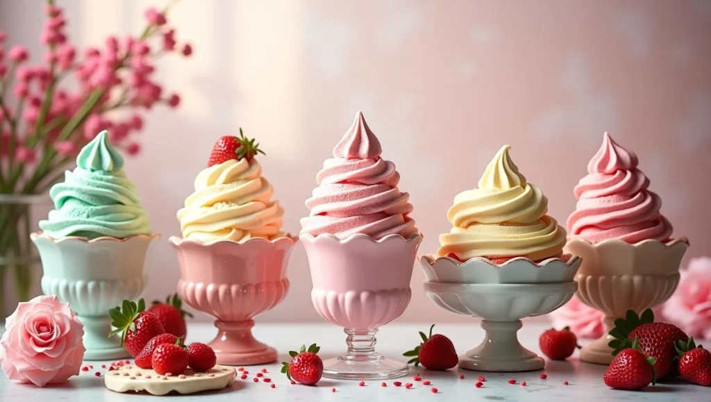 Assortment of colorful soft serve ice cream in pastel cups, surrounded by strawberries and flowers.