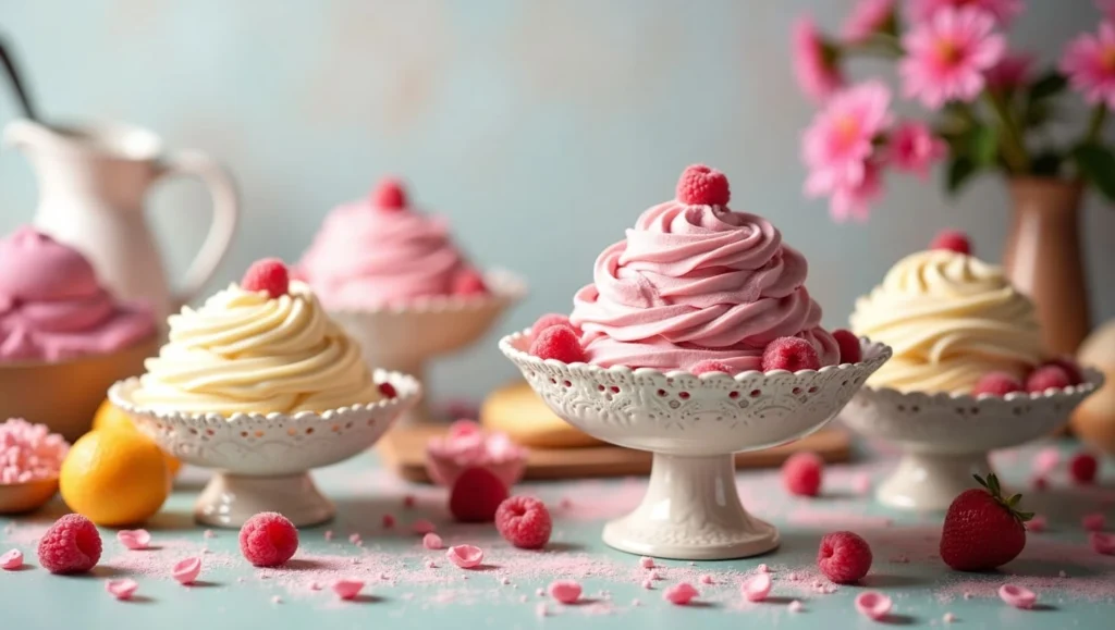 Elegant swirl of pink and vanilla soft serve ice cream topped with raspberries in decorative bowls.