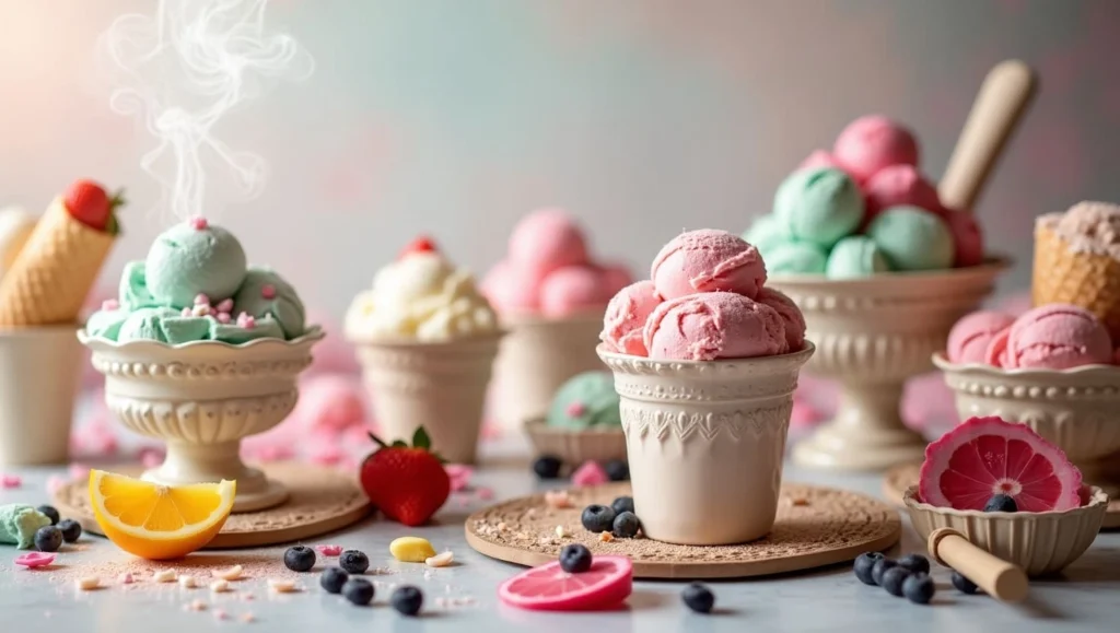 Variety of colorful ice cream scoops served in ornate bowls, surrounded by fresh fruits and candy.