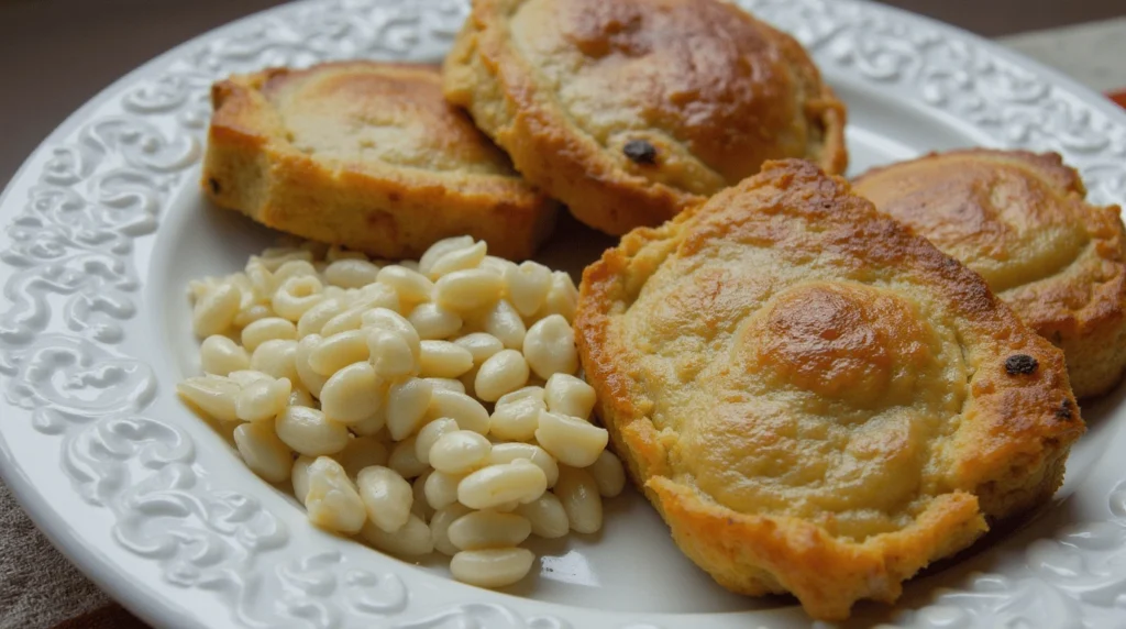Close-up of a white decorative plate holding cooked white corn kernels and four golden-brown cornbread-like pastries.