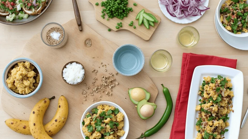 Top-down view of a vibrant food preparation scene featuring mashed plantains, peas, onions, green chili, and a cooked dish garnished with fresh herbs on a wooden surface.